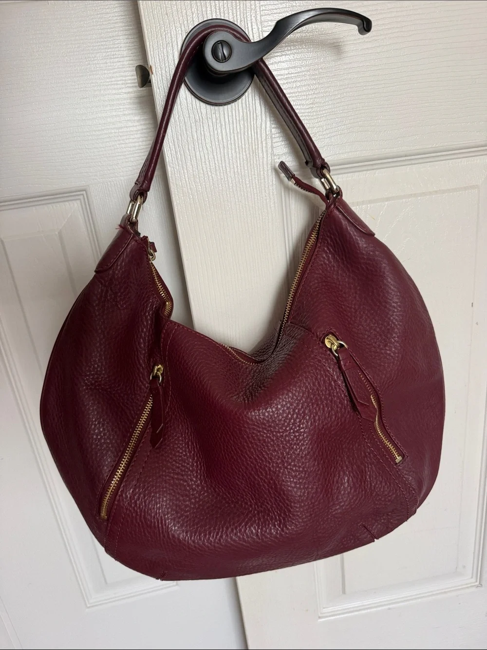 Cole Haan Burgundy Oxblood Pebbled Leather Zip Pocket Hobo Bag